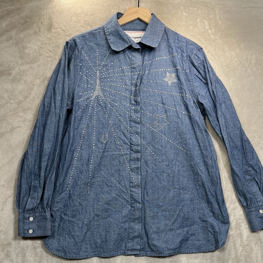Karl Lagerfeld Paris Limited Edition Shirt S Blue Denim Studded Star Button-Up